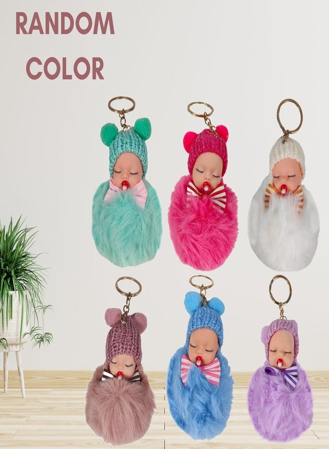 ZAFCO Mini Plush Pom Pom Doll Keychain - Cute Sleeping Baby Key Ring for Girls || Fluffy Bag Charm for Women, Girls, Backpack & Purse Accessories Multicolor Random- 2 Pieces (Mini Doll Keychain 3) - Image 2